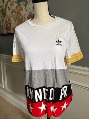 adidas White, Gray, Black & Red Colorblock Tee with Yellow Sleeve Stripes
